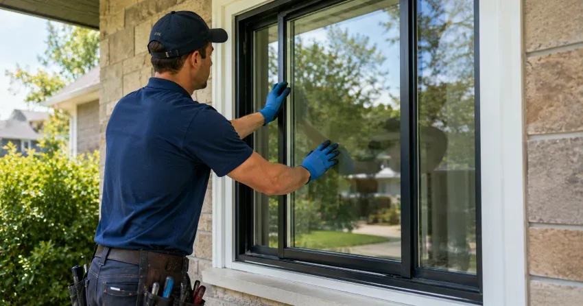 technician measuring a broken window pane for replacement in Glendale, Niagara-on-the-Lake