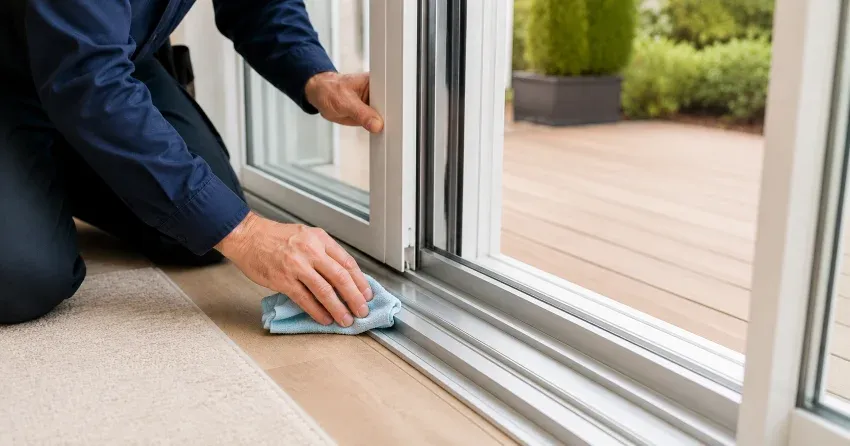 technician inspecting a sliding patio door track in Winery District, Niagara-on-the-Lake