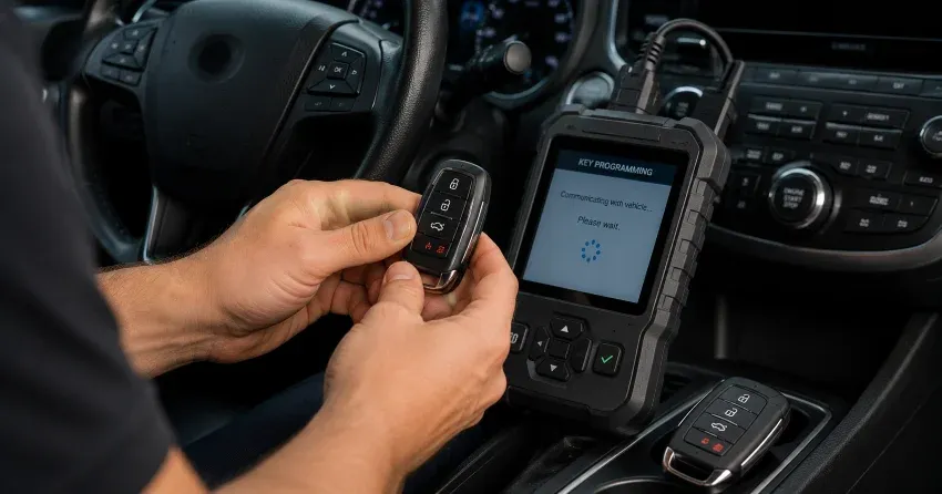 technician inspecting a worn car key before replacement in Niagara-on-the-Lake