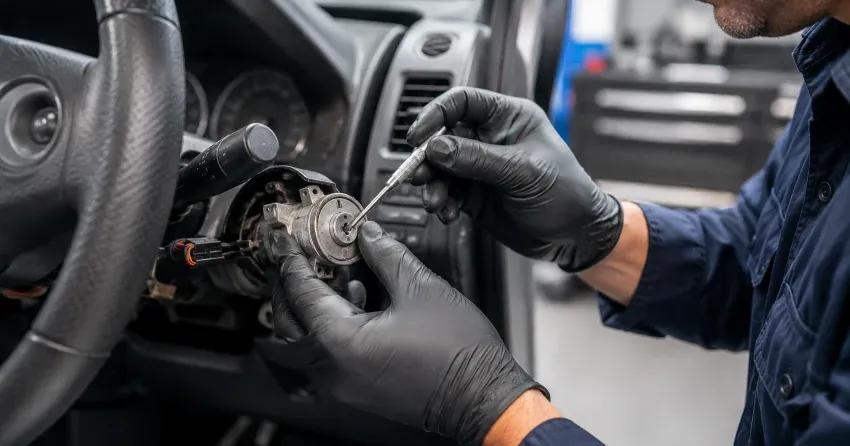 technician diagnosing an ignition lock repair issue in Niagara-on-the-Lake