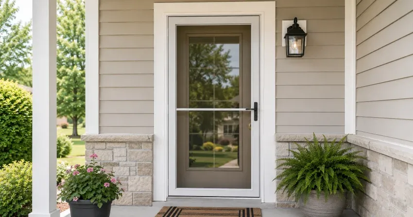 technician hanging storm door square and plumb in Old Town, Niagara-on-the-Lake