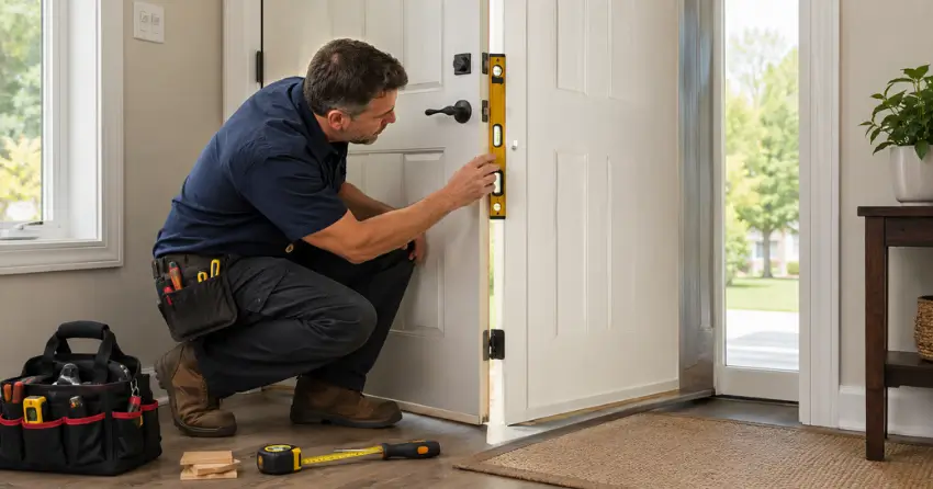 technician diagnosing a misaligned door frame in Homer, Niagara-on-the-Lake