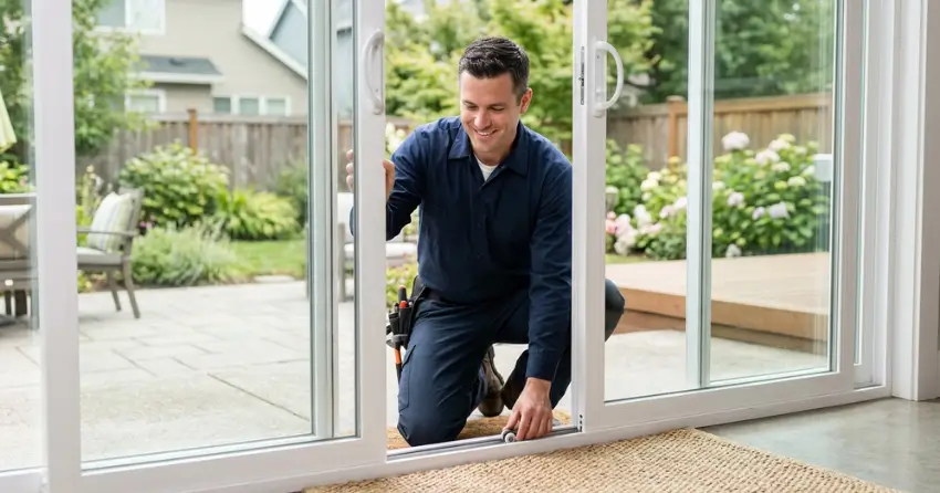 technician diagnosing a sticking patio door in McNab, Niagara-on-the-Lake