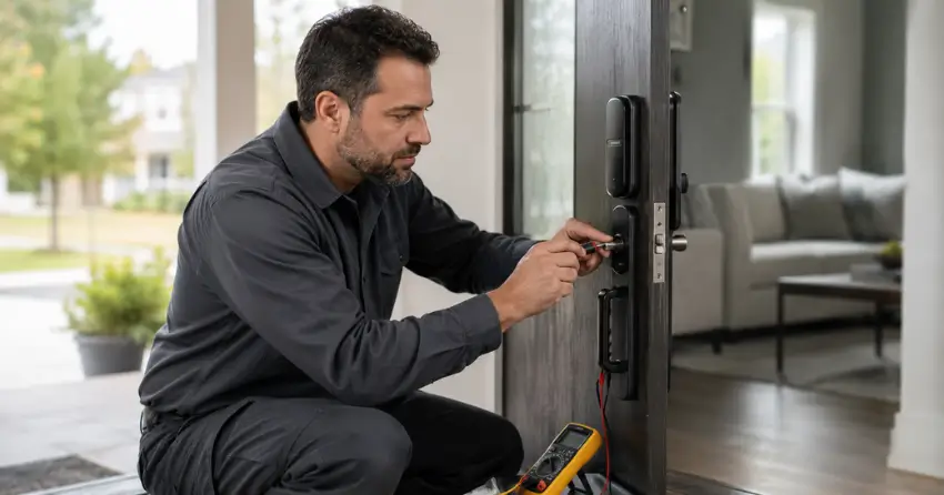 technician diagnosing automatic door lock mechanism on residential door in Lakeshore Area, Niagara-on-the-Lake