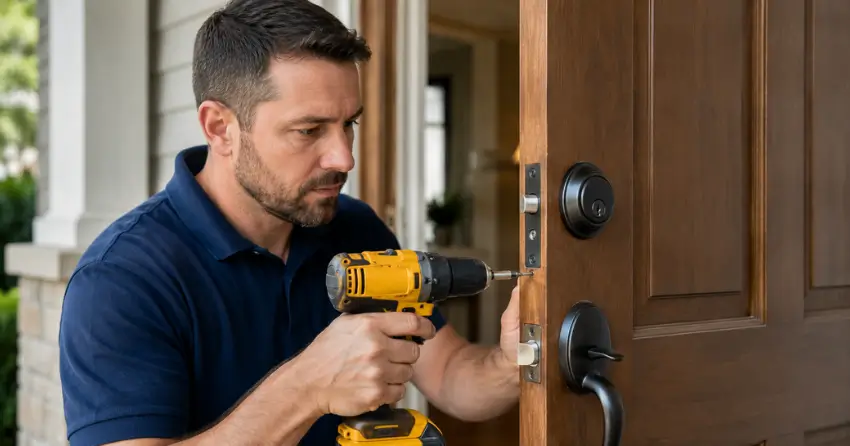 technician installing a new deadbolt during Change Door Lock Garrison Village, Niagara-on-the-Lake service