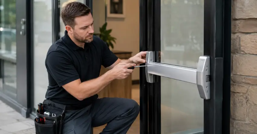 commercial locksmith repairing exit device on storefront door Niagara-on-the-Lake