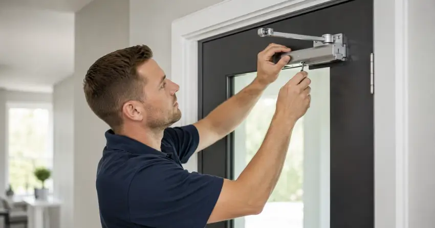 technician adjusting door closer hydraulic valve in Old Town, Niagara-on-the-Lake home