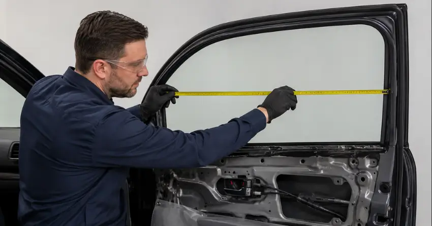technician measuring door glass opening for replacement in Old Town, Niagara-on-the-Lake