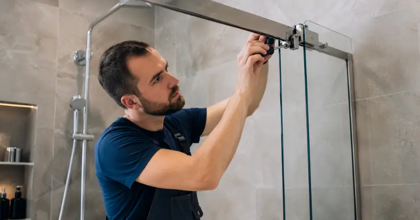 technician adjusting shower door hinge and track in Queenston Heights Area, Niagara-on-the-Lake