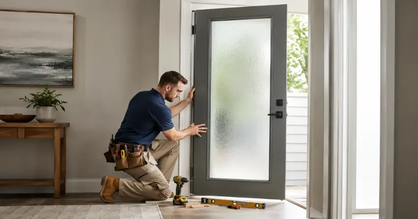 glass panel door installation with frosted privacy glass in residential setting in Niagara-on-the-Lake