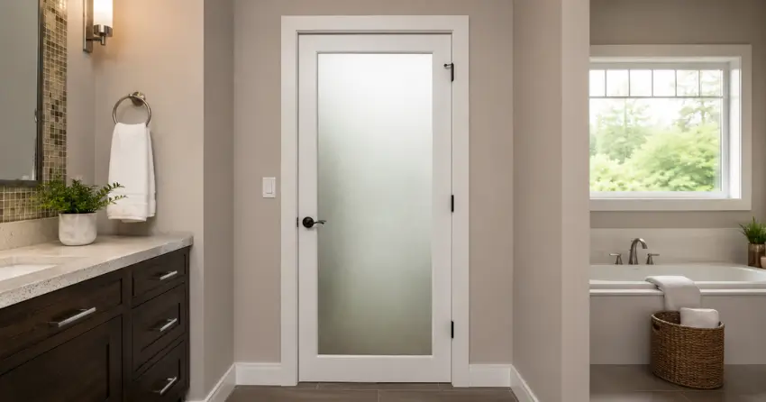 frosted glass panel bathroom door installed in a Dock Area, Niagara-on-the-Lake home