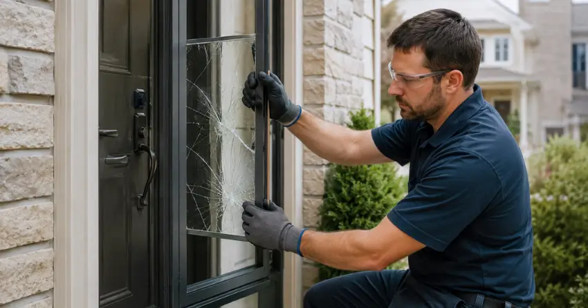 technician removing cracked storm door glass panel in Queenston Heights Area, Niagara-on-the-Lake