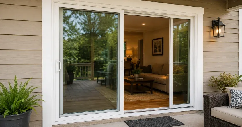 Patio Door Installation technician setting a new frame in Niagara-on-the-Lake
