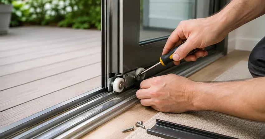 sliding door fix Niagara-on-the-Lake technician diagnosing track issue