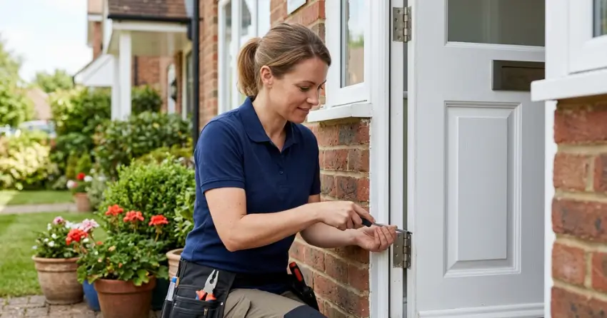 technician repairing exterior door hinge and frame in Garrison Village, Niagara-on-the-Lake