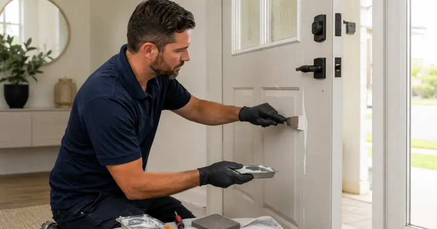 technician repairing fiberglass door surface crack in Niagara-on-the-Lake