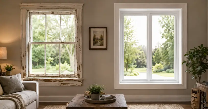 side by side comparison of old and new window in Niagara-on-the-Lake