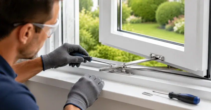 automatic door technician inspecting sensor and control panel in Queenston Heights Area, Niagara-on-the-Lake