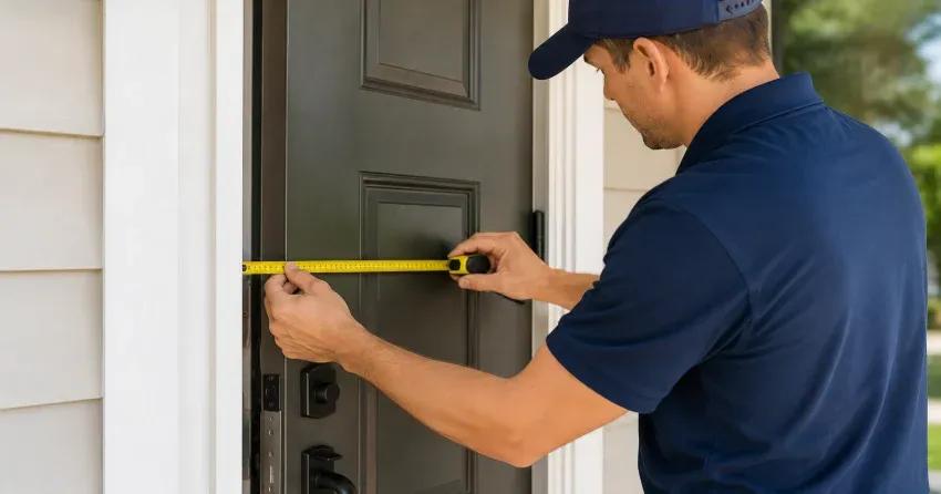 technician adjusting door hinge for alignment in McNab, Niagara-on-the-Lake