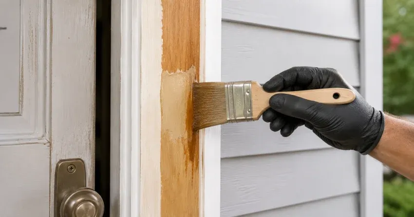 technician probing rotted wood on a door frame in McNab, Niagara-on-the-Lake