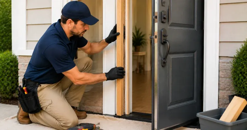 technician inspecting damaged door frame corner in Garrison Village, Niagara-on-the-Lake