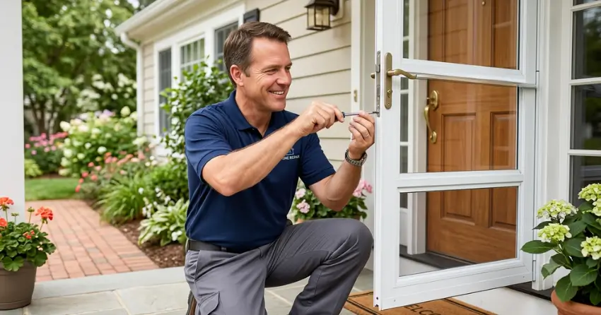 technician adjusting storm door hinge and closer in Niagara-on-the-Lake