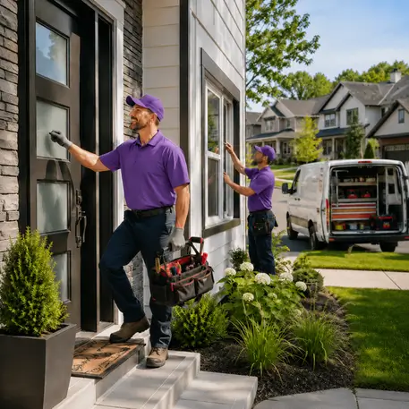 Technicians arriving at homes and working on entry doors, patio doors and windows across the areas we serve